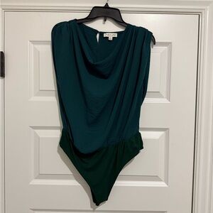 She + Sky Dark Green Draped Cowl Neck Sleeveless Bodysuit